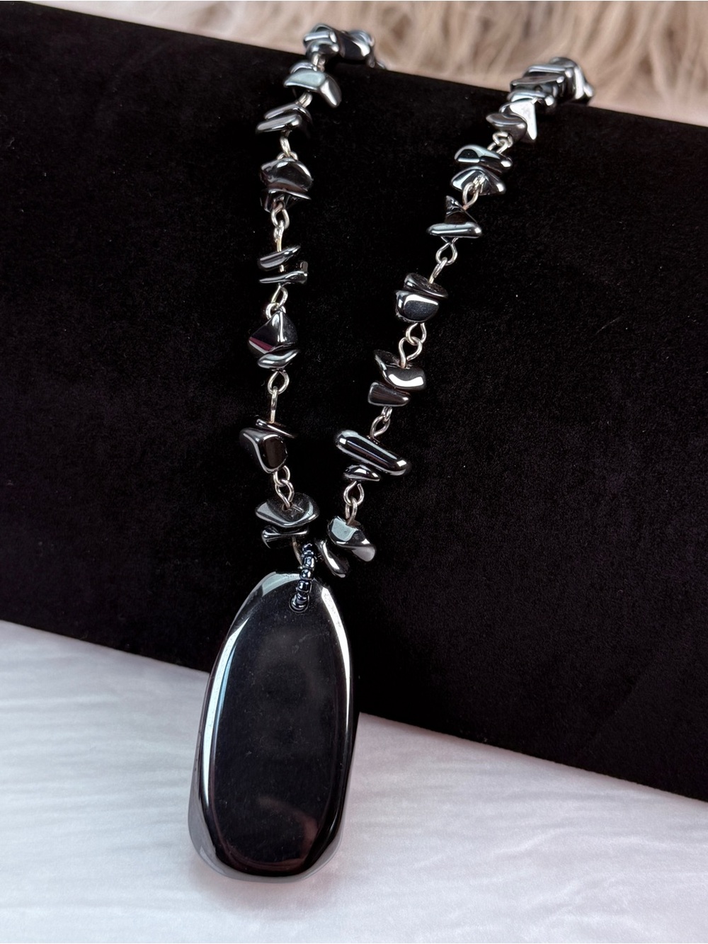 Vintage Black Chip Bead Necklace Large Polished Pendant Statement Necklace